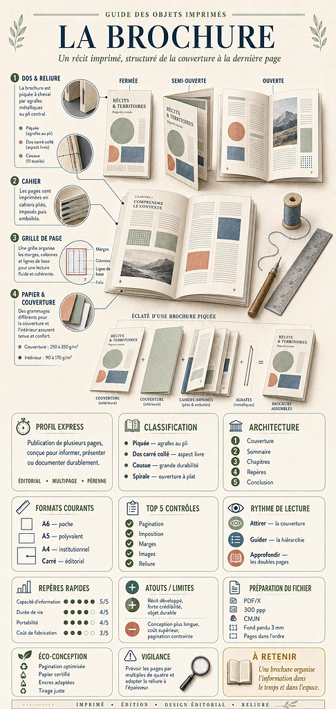 Infographie pédagogique présentant les différents types de brochures, leurs reliures et leurs usages