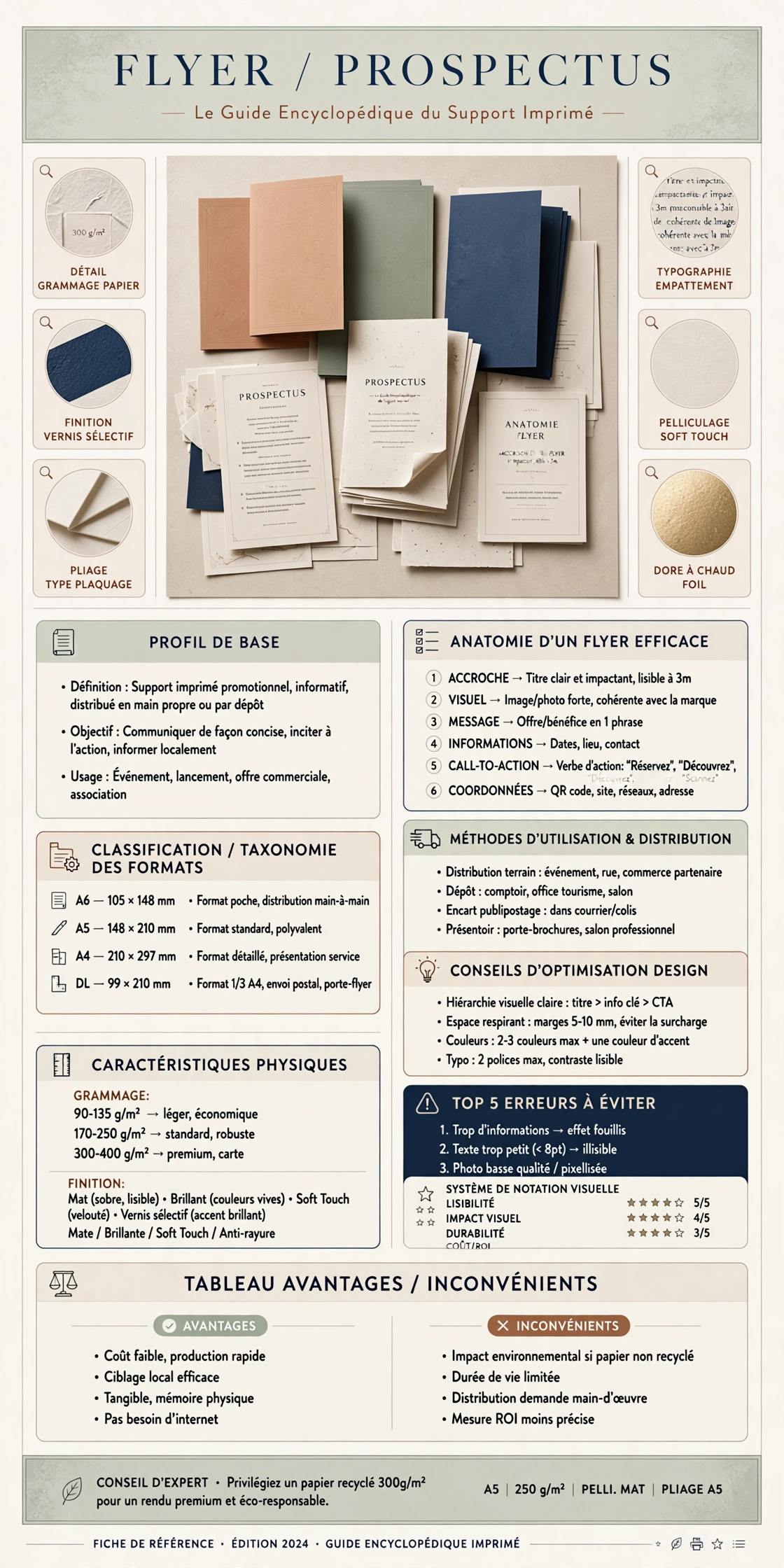 Infographie pédagogique sur le flyer et le prospectus : formats, usages, conception et préparation pour l’impression